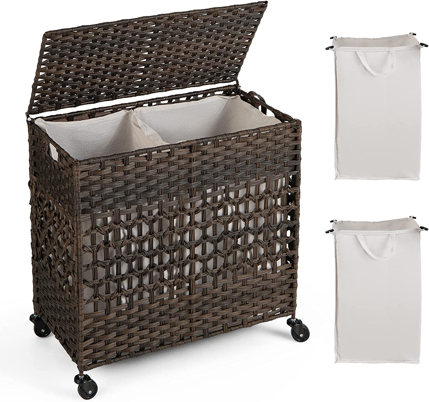Laundry Hamper with Lid and Wheels, 110L Folding Synthetic Rattan
