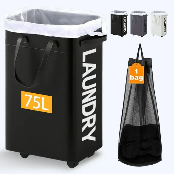 Laundry Hamper with Wheels 75L, Collapsible Rolling Laundry Basket for Living Room, Black Laundry Hamper for College Dorm