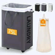 YIJ2 Laundry Basket with Wheels, 75L Collapsible Rolling Laundry Hamper for Living Room,Bedroom and College Dorm,Grey