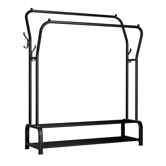 TOYMYTOY 1Pc Multi Purpose Black Clothes Rack with Double Poles and Shoe Shelf
