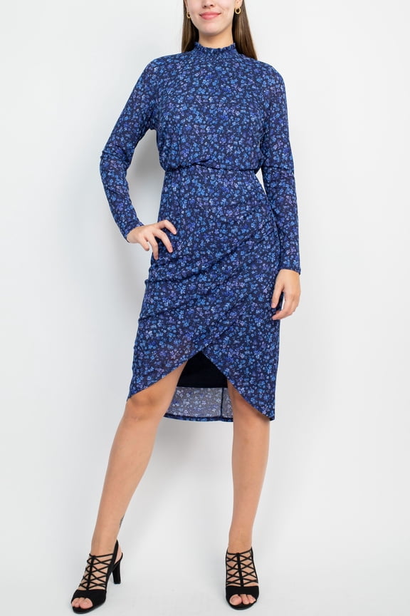 Laundry High neck Long Sleeve Blouson Keyhole Back Multi Print Chiffon Dress by Curated Brands