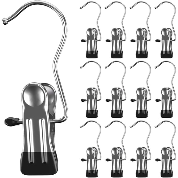 Laundry Hooks Boot Clips - Portable Hanging Pins - Stainless Steel Closet Organizer Hangers - Black - 20 Pieces