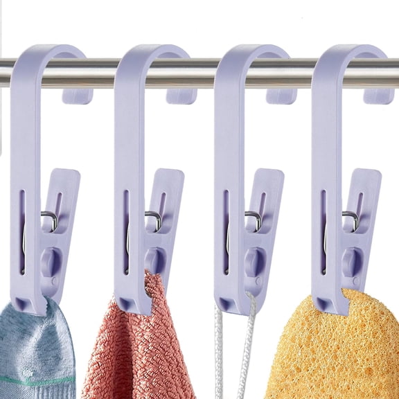 Laundry Hooks with Clips Hanger Closet Organizer Clamps Socks Boot Bras Towels for Bathroom Wardrobe Kitchen Office 4 count (Purple)