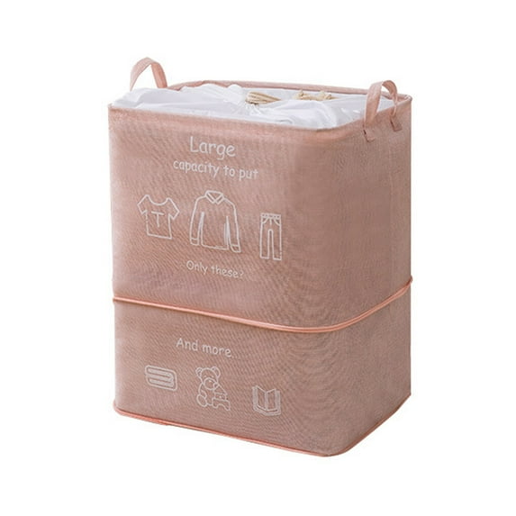 Laundry Organizer Foldable Household Clothes Basket Zipper Cotton Linen Quilt Storage Hamper, Pink