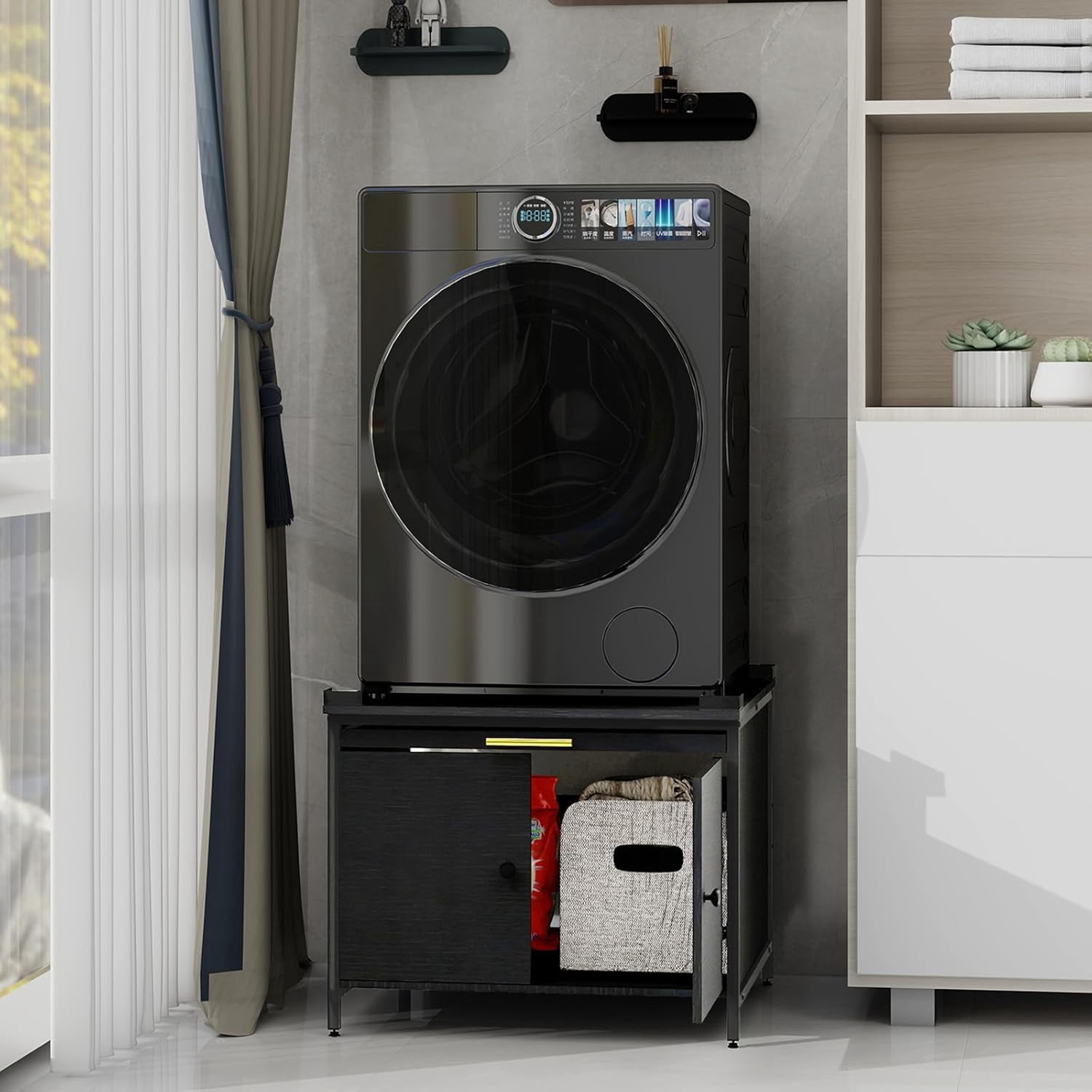 Laundry Pedestal for Washer and Dryer, 24" Universal Washing Machine Stand with Adjustable Feet and 4 Panel Corner, Fit Anti-Vibration Design with Telescopic Laundry Basket Shelf, 700 LBS Capacity