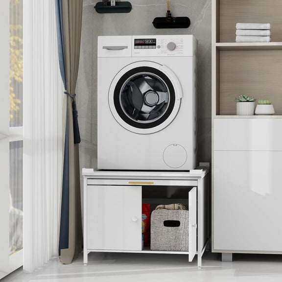 Laundry Pedestal for Washer and Dryer, 29" Universal Washing Machine Stand with Adjustable Feet, Fit Anti-Vibration Design with Telescopic Laundry Basket Shelf, 700 LBS Capacity, White