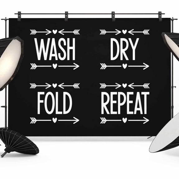 Laundry Photography Backdrop 7x5FT, Wash Dry Fold Repeat Arrows Love Heart Black Photo Backdrops, Background for Photography Studio Photo Studio Background, Back Drop for Photoshoot