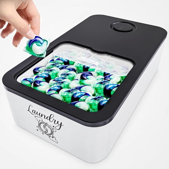 Laundry Pod Container with Slide Lid, 15 x 8.7 x 4.5 In, Holds 11 Pounds OR 120-150 Pods, Black with Print