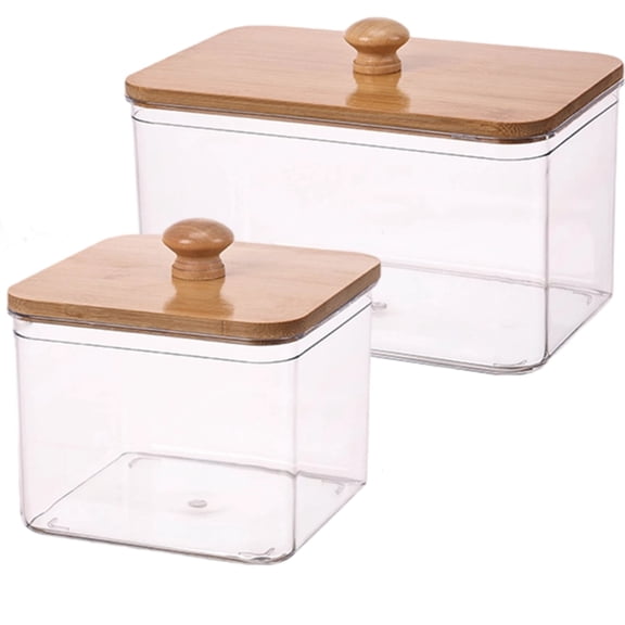 Laundry Pod Holder for Laundry Room, Wood Lid Storage Box, Organizer for Laundry Pods and Dryer Sheets, Small & Medium Sizes, Clear PET Material with Wood Handle for Home Use