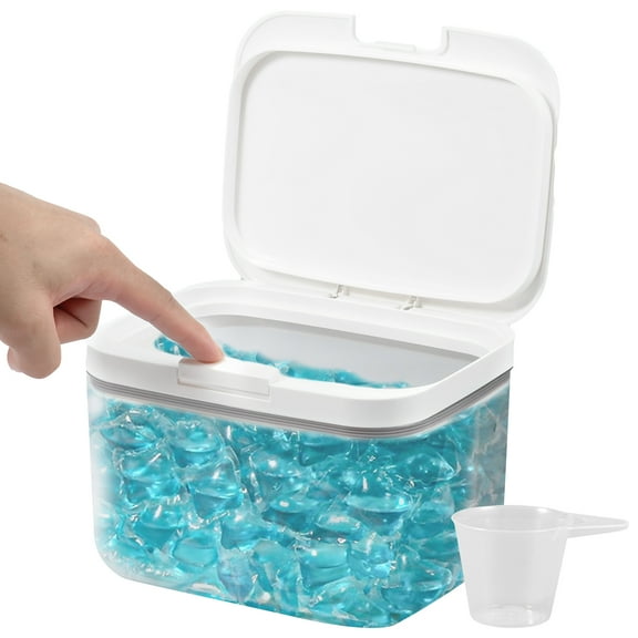 Laundry Pods Container Automatic Pop-Up Dishwasher Pod Holder Large Capacity Holds 2.8L Laundry Pods Container Sealed Laundry Pods Case with Measuring Cup for Laundry Room 20.3x16.6x14.1cm