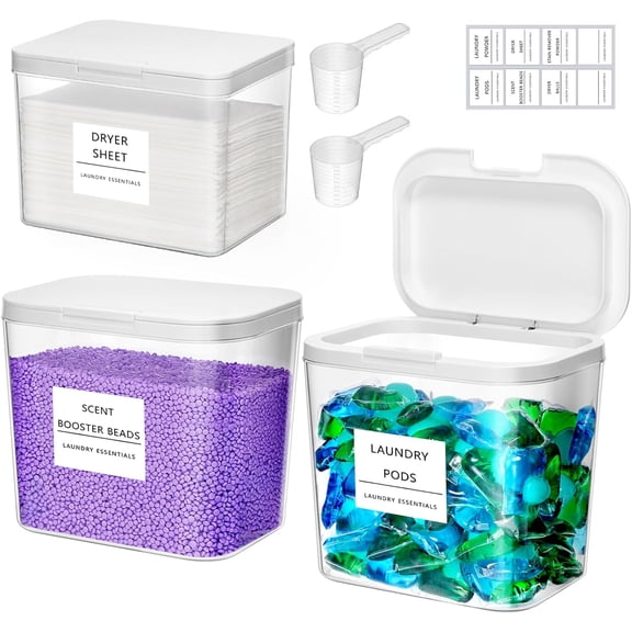 Laundry Pods Container with Pop-up Lid, Laundry Room Organization, Dryer Sheet Holder for Washing Powder Scent Booster Beads, 2700 +2000ml/0.72+0.5gal,3 Pcs