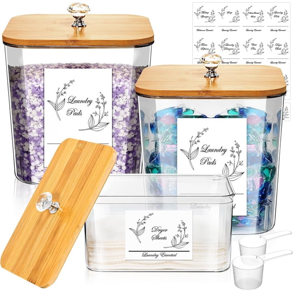 Laundry Pods Container Set of 3 - Acrylic Detergent Organizer with Bamboo Lids & Dual-Style Knobs - Stylish Laundry Room Storage Jars for Dryer Sheets, Scent Beads, and Powder
