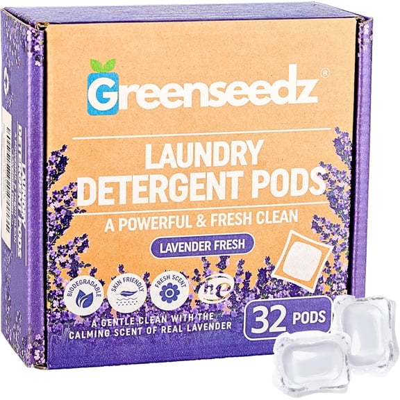 Laundry Pods, Fresh Lavender Scent, 32 Pacs, Eco Friendly, Powerful Clean, Biodegradable, HE Compatible