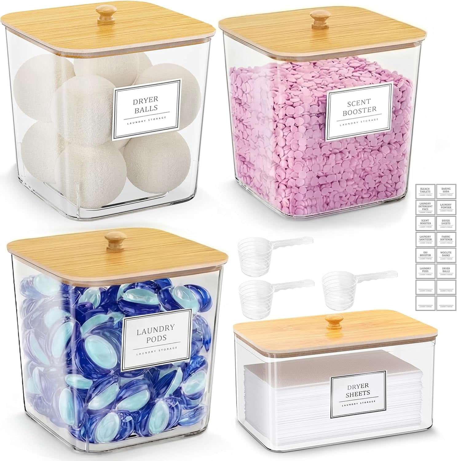 Laundry Pods Storage Container, 3+1 Clear Storage Bins with Bamboo Lids ...