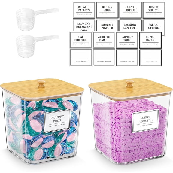 Laundry Pods Storage Container, Clear Laundry Room Organization and Storage ,Detergent Powder Container,with Wooden Lids & Labels, 3+1 Pack
