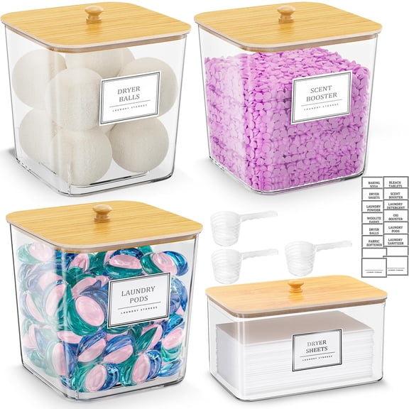 Laundry Pods Storage Container, Clear Laundry Room Organization and Storage,Detergent Powder Container,with Wooden Lids & Labels, 3+1 Pack