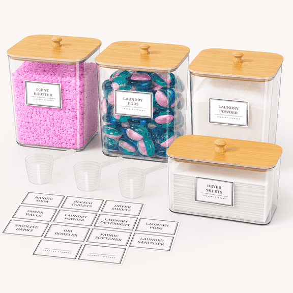 Laundry Pods Storage Container Set, Clear Laundry Room Organization and Storage with Wooden Lids and Labels, Detergent Powder Container,3+1 Pack