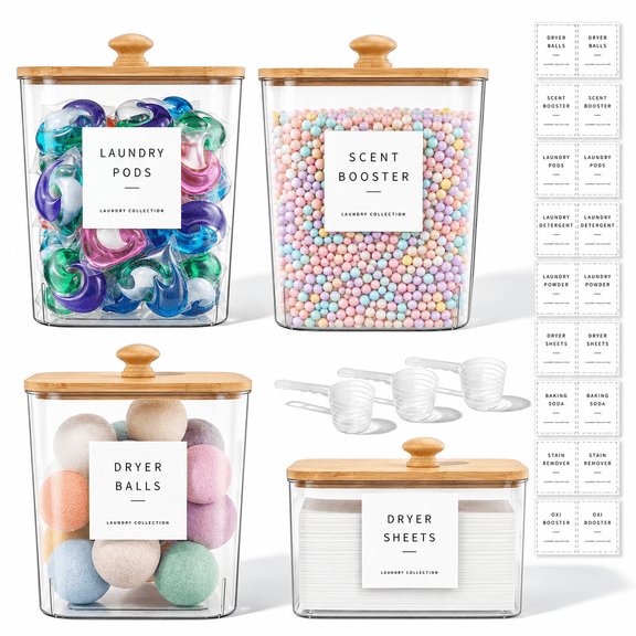 4pcs Laundry Pods Container Set with Wooden Lid, Clear Laundry Room Organization for Pods, Dryer Sheets & Detergent Powder, Includes Scoops and Labels