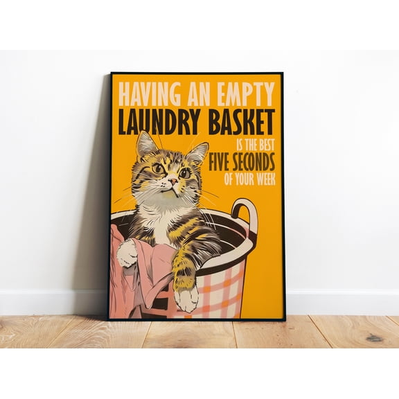 Laundry Poster Printable Laundry Wall Art Retro Cat Poster Bathroom Poster Yellow Utility Room Cute Cat Art Print Laundry Sign , Poster Only