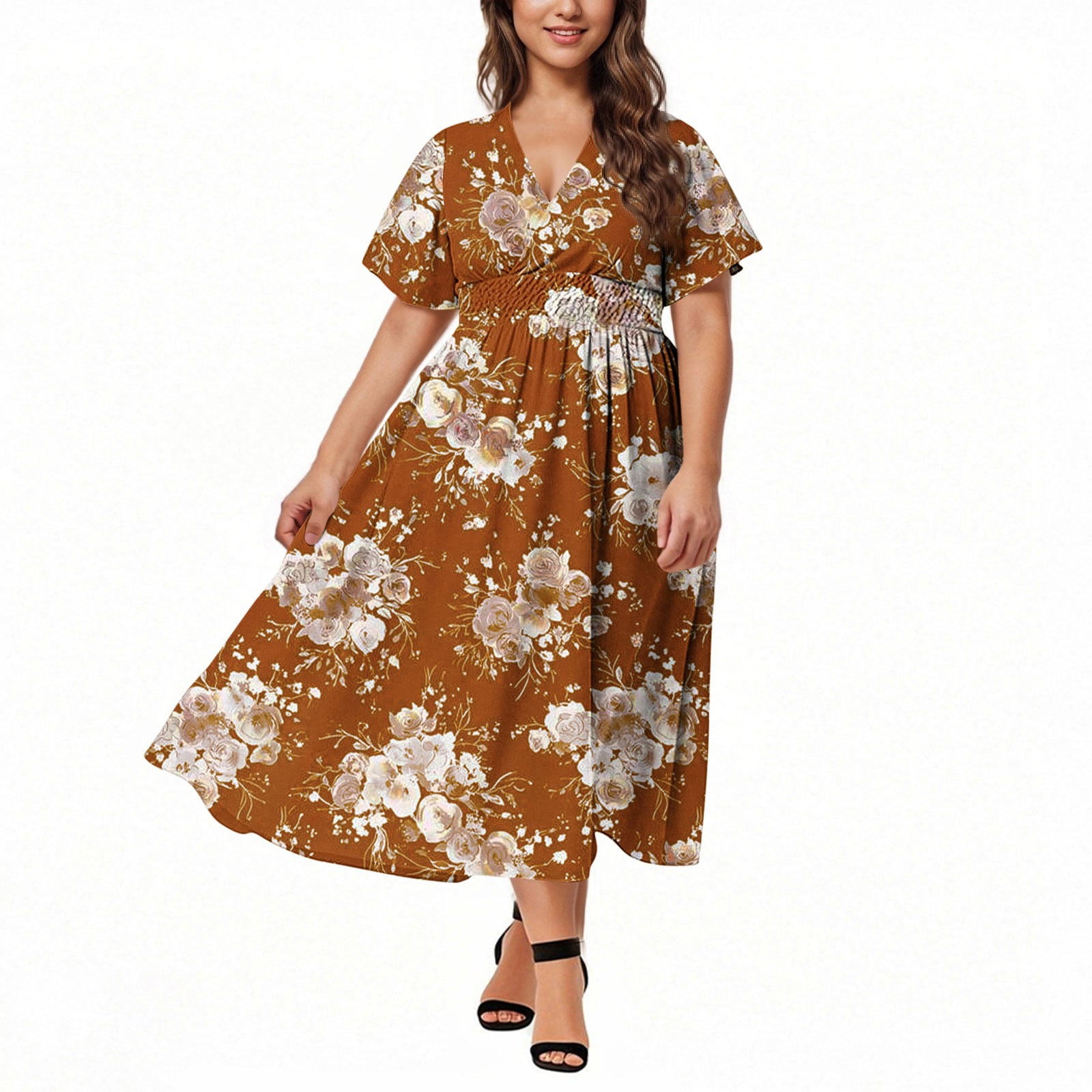Womens Empire Waist Dresses for Curve Ladies Flowy A-Line Floral V-Neck ...