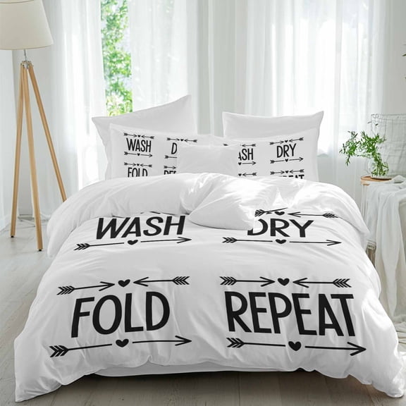Laundry Queen Size Comforter Set, Wash Dry Fold Repeat Arrows Love Heart Black White Bedding for All Seasons, 4 Pcs Bed Set, 1Quiltcover (90"x92") ,1Sheet(94"x116"), 2Pillowcases (30"x20")