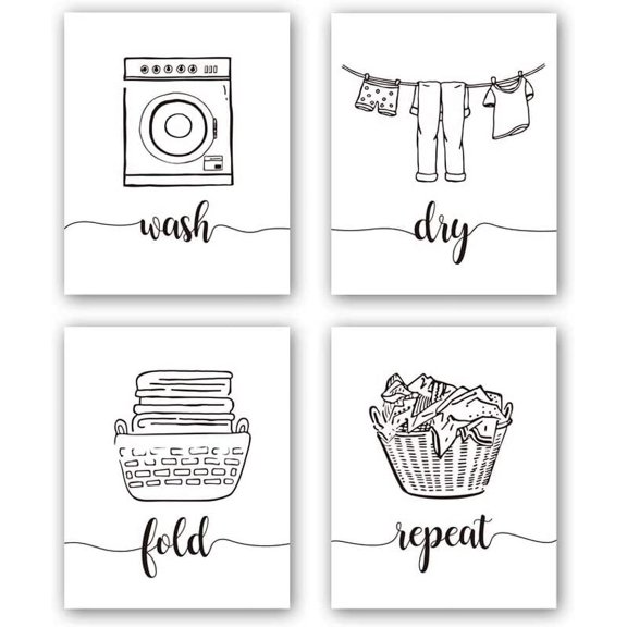 Laundry Quotes Art Prints, Set of 4 (8X10), Laundry Room Saying Wash Dry Fold Repeat Canvas Poster,Modern Minimalist Doodle Printing for Laundry Room Bathroom Decor, No Frame