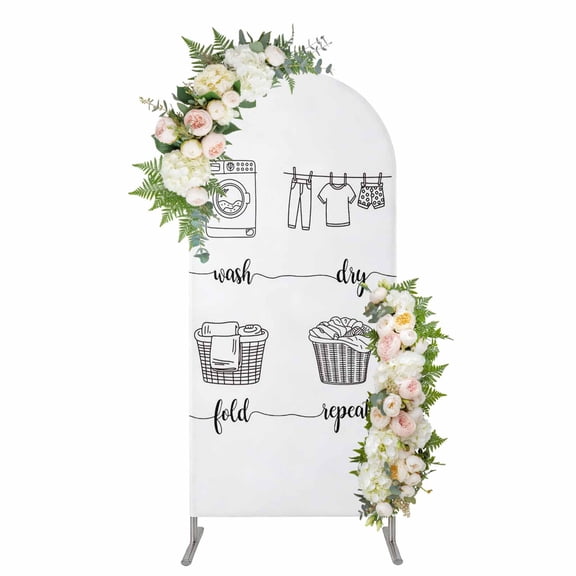 Laundry Room Arch Backdrop Cover 4FT, Cartoon Wash Dry Fold Repeat Simple Lines Art Spandex Fitted Stretchy Arch Stand Covers, Round Top Chiara Backdrop Cover for Wedding Party Birthday Baby Shower
