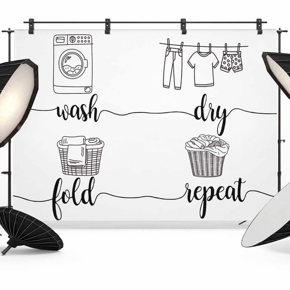 Laundry Room Backdrop for Photography,Fabric Photo Background Backdrop,Cartoon Wash Dry Fold Repeat Simple Lines Art Photo Booth Background for Portrait Photoshoot Video Wedding Banner 10x8ft