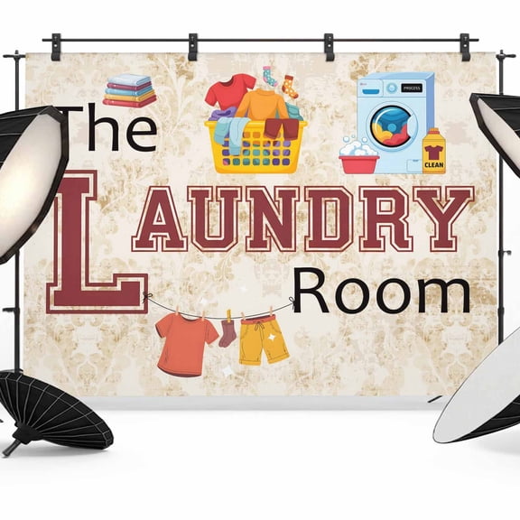 Laundry Room Backdrop for Photography,Fabric Photo Background Backdrop,Rustic Farmhouse Washing Machine Clothes Photo Booth Background for Portrait Photoshoot Video Wedding Decoration Banner 7x5ft