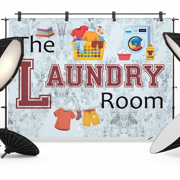 Laundry Room Backdrop for Photoshoot,Photography Photo Studio Background Wall Backdrop,Blue Cartoon Washing Machine Clothes Back Drop Banner Panel for Portraits Wedding Party Live Streaming 7x5Ft