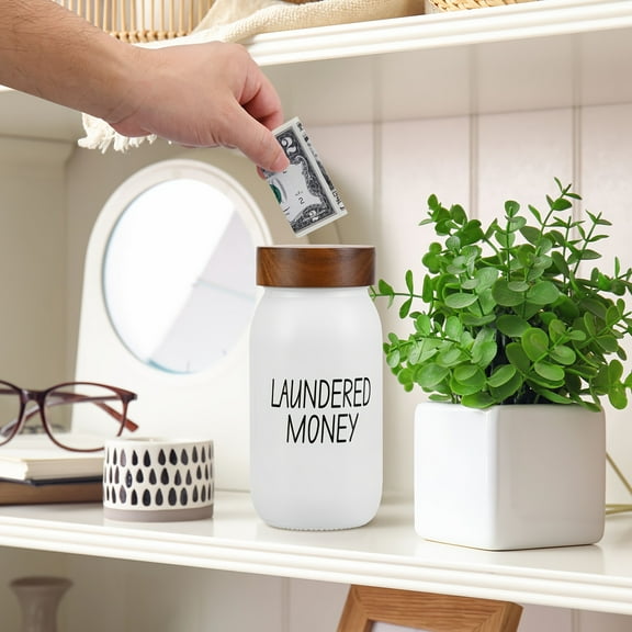 Laundry Room Bank Coin Jar Laundry Room Decor Rustic Country Farmhouse Home Decor Mason Jar with Wooden Top Funny Laundered Money Tip Jar Piggy Bank