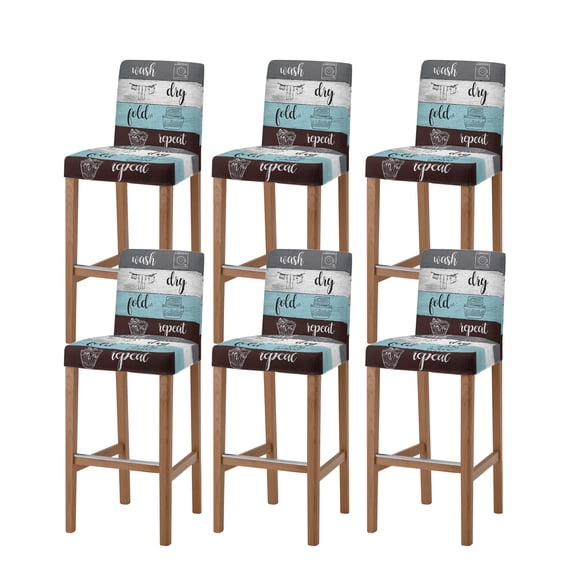 Laundry Room Bar Stool Covers Set of 6, Wash Dry Fold Repeat Splicing Colorful Wood Stretch Washable Bar Chair Covers with Backs, Removable Pub Counter Height Chair Cover for Kitchen Dining Room Cafe