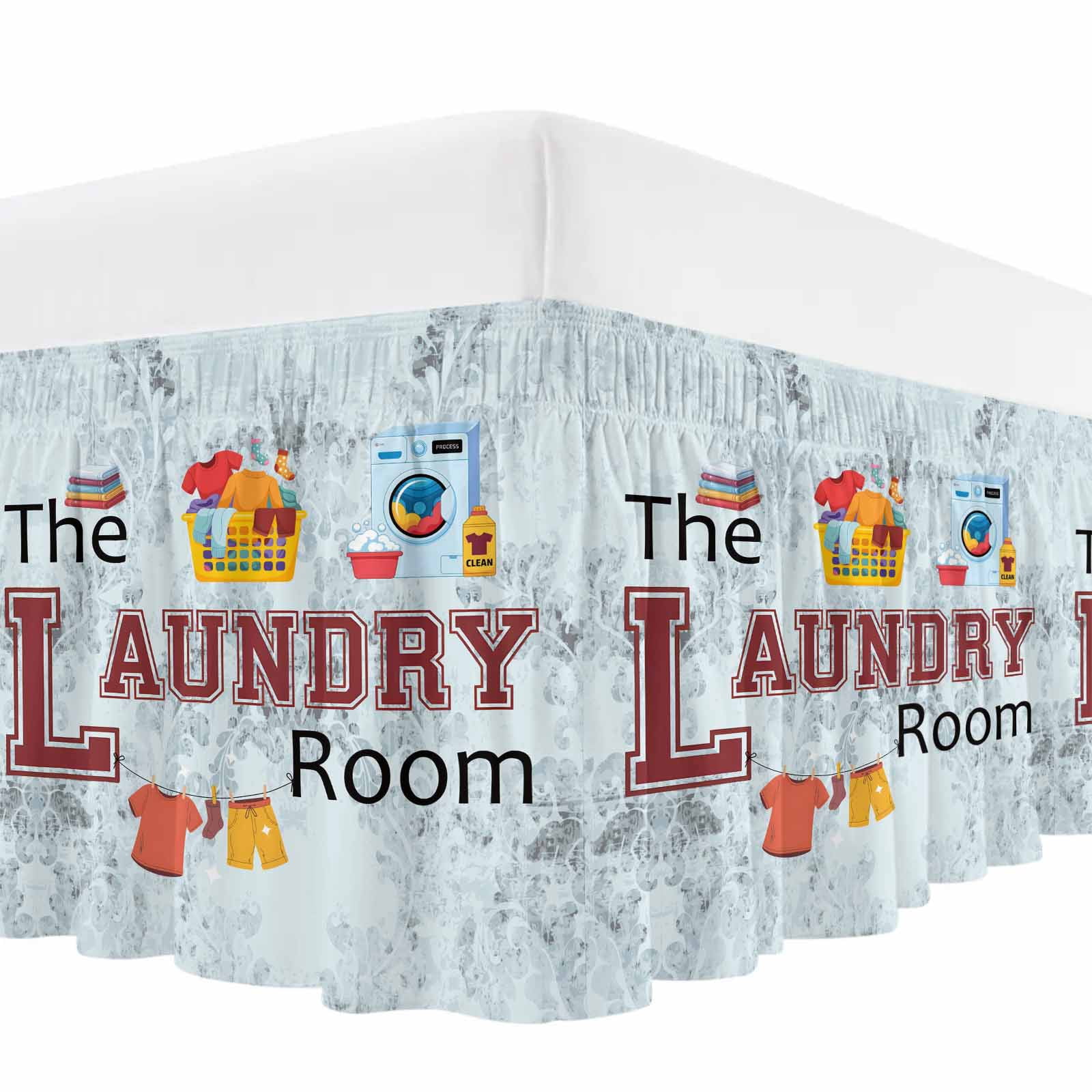 Laundry Room Bed Skirt Queen Size, Blue Cartoon Washing Machine Clothes Wrap Around Bed Skirting with Adjustable Elastic Strap, Dust Ruffle Pleated Bedskirts 16 Inch Drop for Bedroom Queen Beds