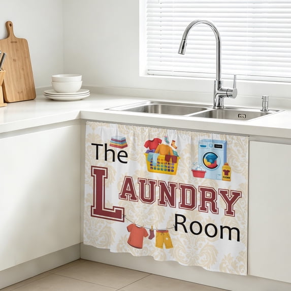 The Laundry Room Cabinet Curtains for Kitchen 10"W x 11"L, Vintage Yellow Laundry Routine Classic Flower Under Sink Skirt Magic Tape Short Curtain Decorative Privacy Panel for Bathroom Laundry