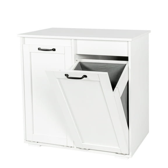 Laundry Room Cabinet with 2 Storage Basket,White Hidden Tilt Out Laundry Hamper Cabinet for Laundry Room Bathroom