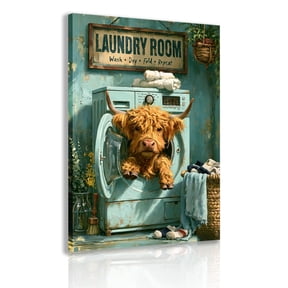 Laundry Room Canvas Wall Art Decor: Vintage-Style "Wash, Dry, Fold, Repeat" Slogan Poster featuring a Highland Cow Peeking Out of a Retro Washing Machine—Rustic Country-Style Home Decor