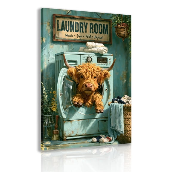 Laundry Room Canvas Wall Art Decor: Vintage-Style "Wash, Dry, Fold, Repeat" Slogan Poster featuring a Highland Cow Peeking Out of a Retro Washing Machine—Rustic Country-Style Home Decor