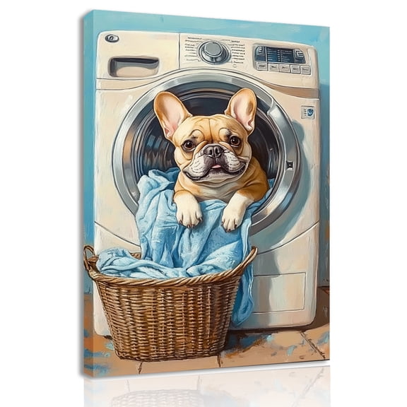 Laundry Room Canvas Wall Art Laundry Sign Painting Prints Vintage Laundry Funny Dog Artwork Decor for Laundromat Dry Cleaning Store Framed