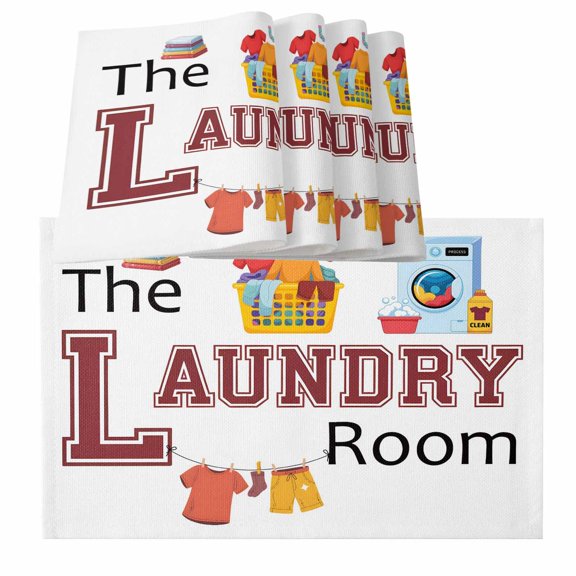 Laundry Room Cartoon Washday Washing Machine Clothes Burlap Kitchen Place Mats Waterproof Cloth Table Mats, Indoor Outdoor Placemats Easy Clean Dinner Decor