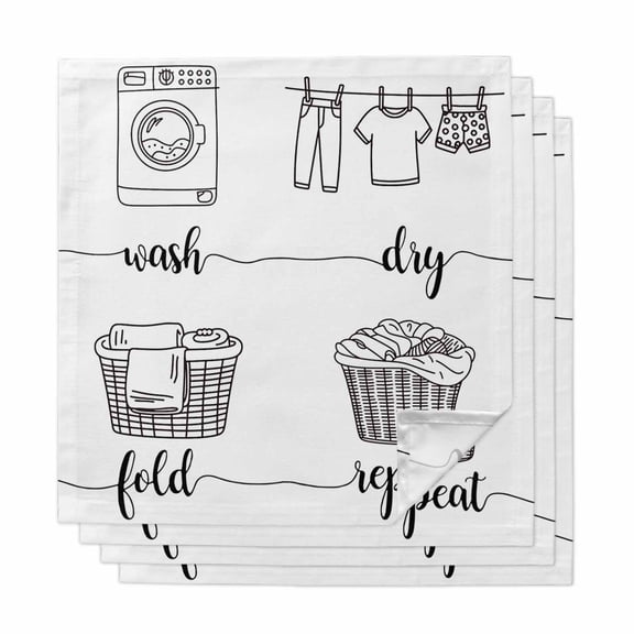Laundry Room Cloth Napkins, Cartoon Wash Dry Fold Repeat Simple Lines Art Washable and Reusable Dinner Napkins Set of 4, Table Napkin for Kitchen Party Birthday Wedding Hotel Housewarming 20"x20"