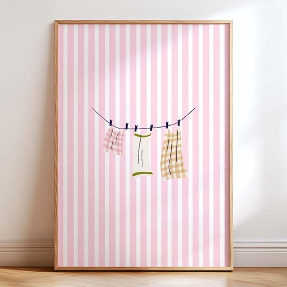 Laundry Room Clothesline Art Print: Pink Stripe Cottagecore Decor UNFRAMED PAPER POSTER, Home Decor, Vintage Gift, Living Room Dercor