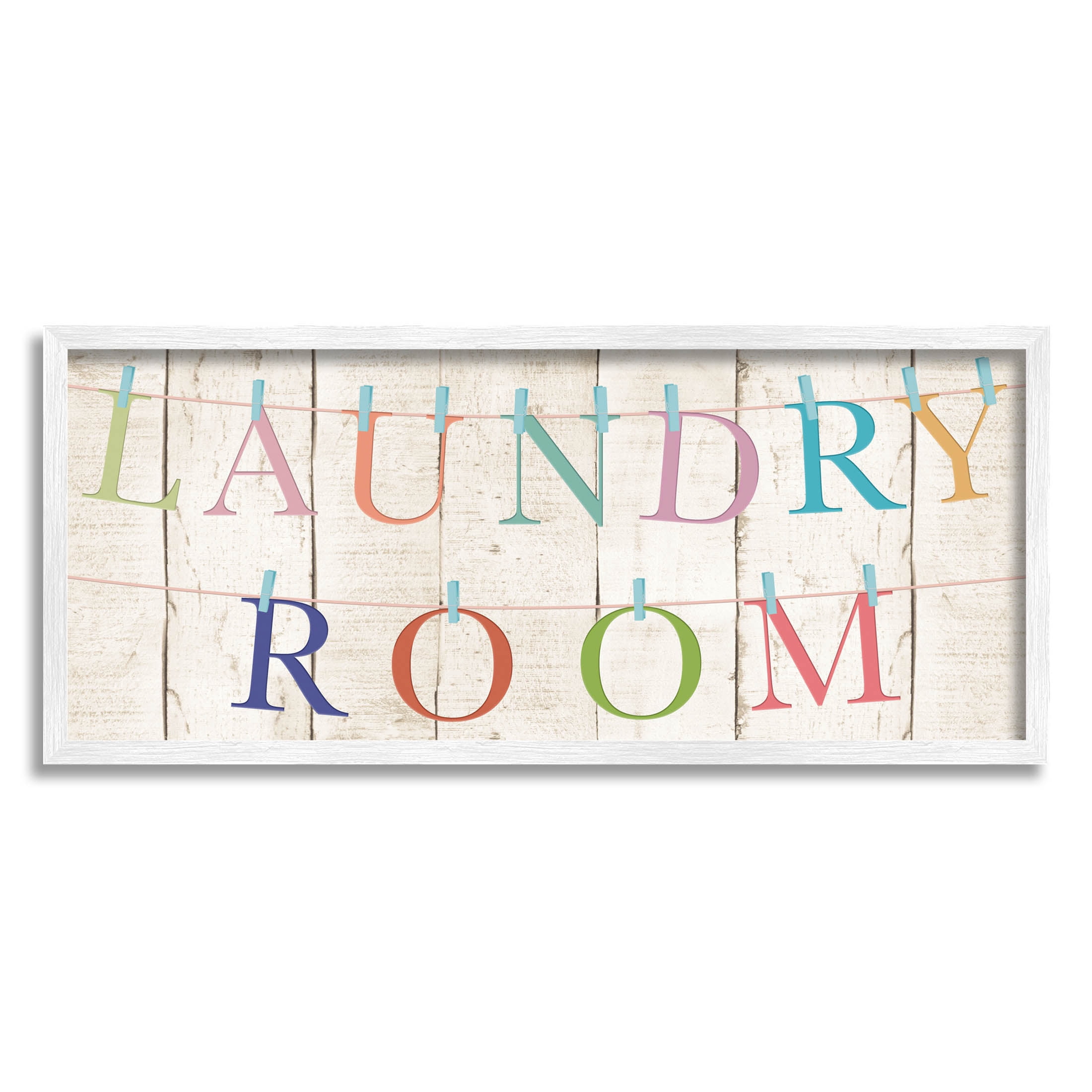 Laundry Room Clothespin Plank Pattern Typography Graphic Art White Framed Art Print Wall Art