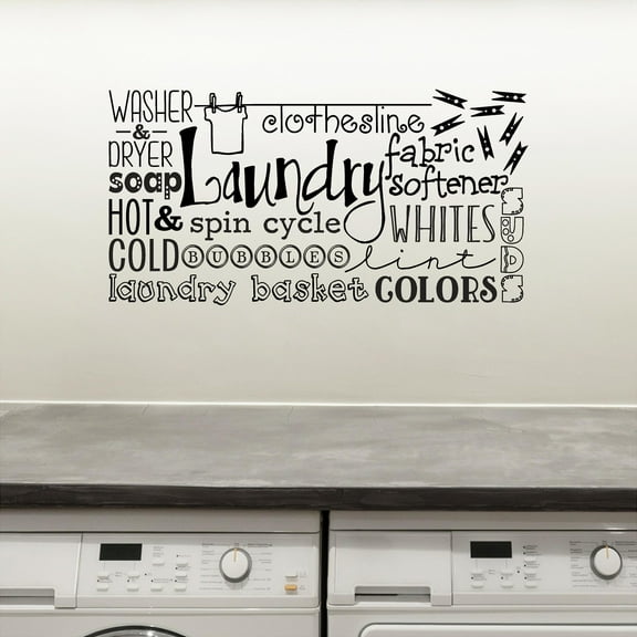 Laundry Room Collage Subway Art Vinyl Lettering Wall Decal Sticker Laundry Room Decals Quotes - Size: 12.5"H x 24"L - Color:  Black