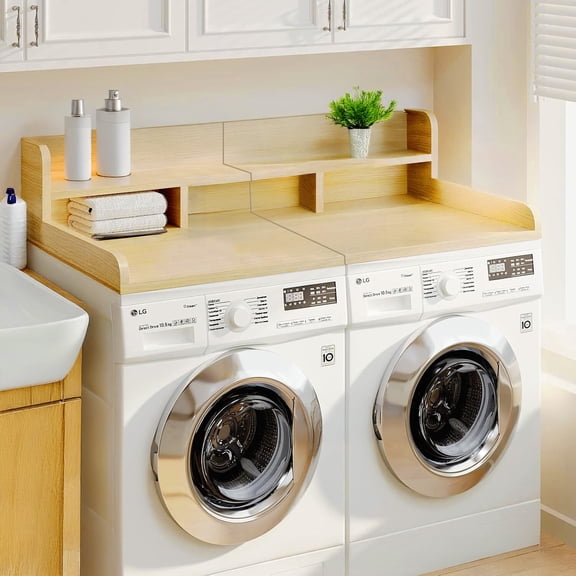 Laundry Room Countertop with Non-slip Pads, 54 x 27.5 Washer Dryer Topper with Edge, Double Layer Organizer Shelf for Detergent Storage and Folding Table, Oak MDF