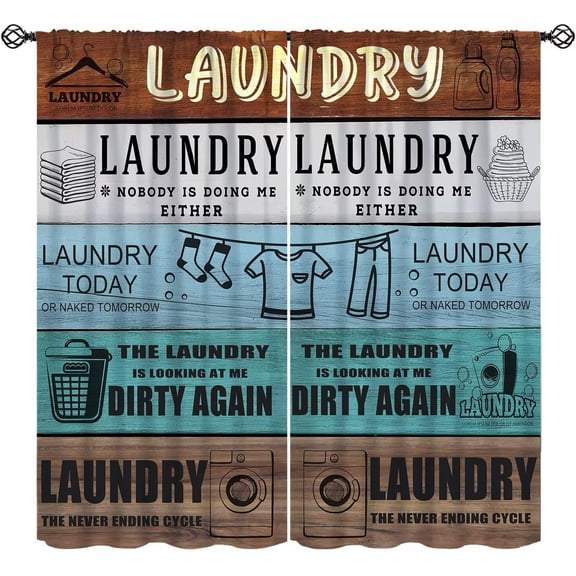 Laundry Room Curtains,Cabin Wood Quotes Rustic Retro Laundry Wash Dry Fold Repeat Rod Pocket Window Treatments for Bedroom Bathroom Farmhouse Hotel Drapes Decorations 42" W X 54" L
