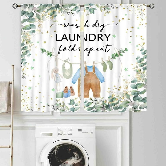 Laundry Room Curtains for Windows, Farmhouse Rustic Watercolor Hanging Baby Clothes Eucalyptus Leaves Green Laundry Drapes for Kitchen Living Room Bedroom Bathroom Windows, 84"x63" Inch