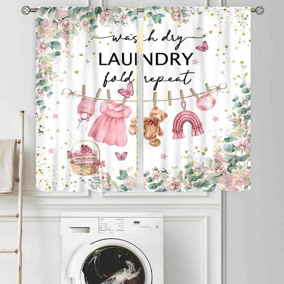 Laundry Room Curtains for Windows, Farmhouse Rustic Watercolor Hanging Baby Clothes Eucalyptus Leaves Pink Floral Laundry Drapes for Kitchen Living Room Bedroom Bathroom Windows, 55"x63" Inch
