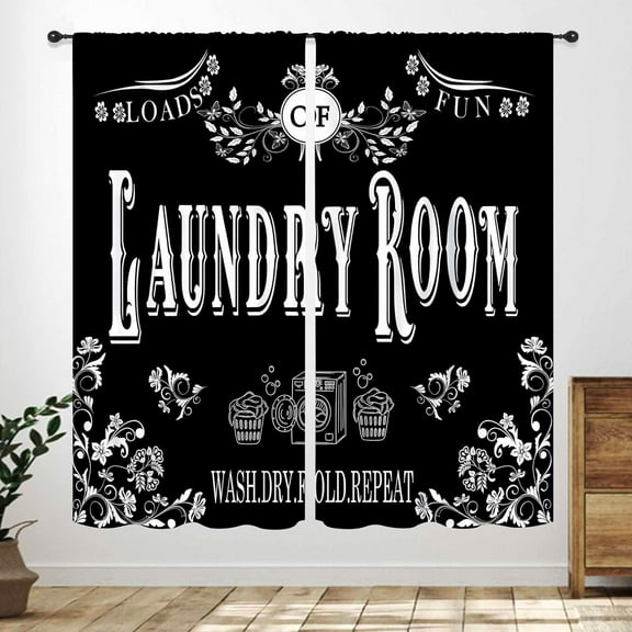 Laundry Room Curtains for Windows,Rustic Farmhouse Dry Wash Fold Repeat Country Vintage Black Window Treatments Bedroom Living Room Bathroom Room Curtain 2 Panel,42X63 Inch