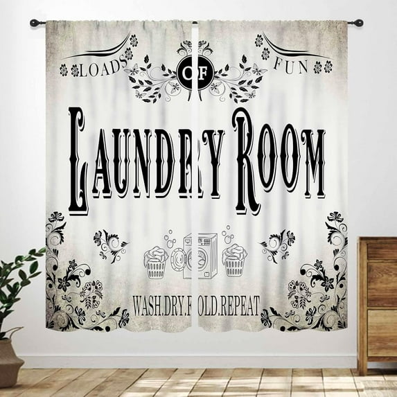 Laundry Room Curtains for Windows,Rustic Farmhouse Dry Wash Fold Repeat Country Vintage Brown Window Treatments Bedroom Living Room Bathroom Room Curtain 2 Panel,84X84 Inch