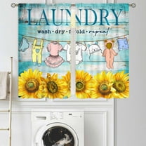 Laundry Room Curtains for Windows, Vintage Farmhouse Sunflower Rustic Blue Words Watercolor Hanging Clothes Laundry Drapes Treatments for Kitchen Living Room Bedroom Bathroom Windows, 52"x84" Inch